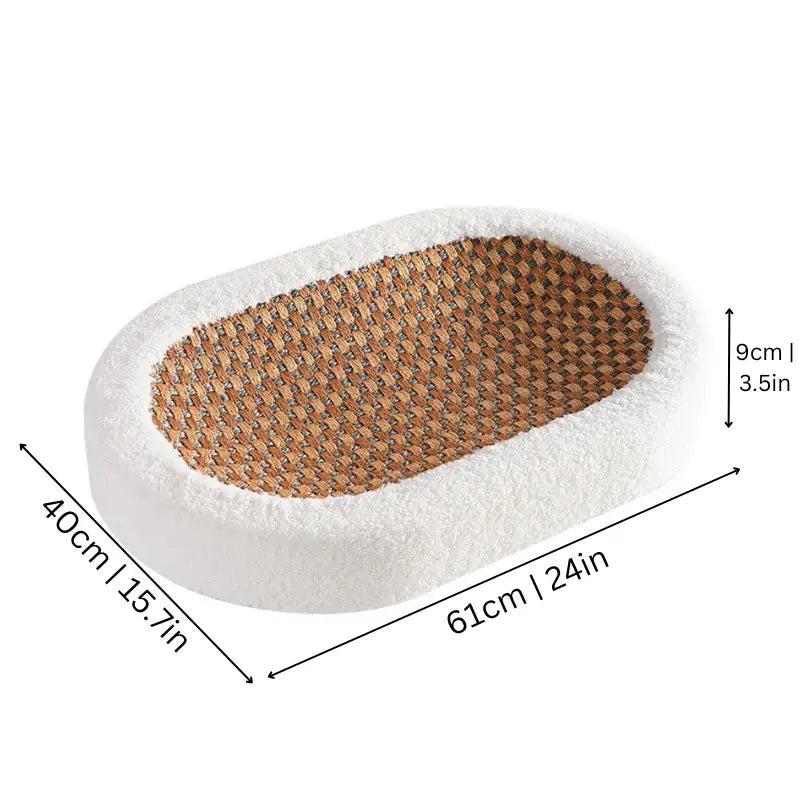 Rattan cat scratcher bed with its 61 cm by 40 cm size and 9 cm rim height marked.