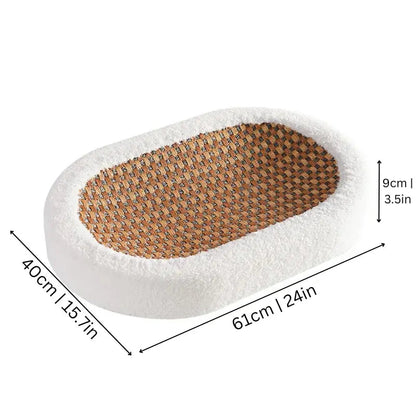 Rattan cat scratcher bed with its 61 cm by 40 cm size and 9 cm rim height marked.