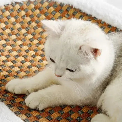 Close-up of a white cat resting its paws on the woven rattan center of the cat scratcher bed.