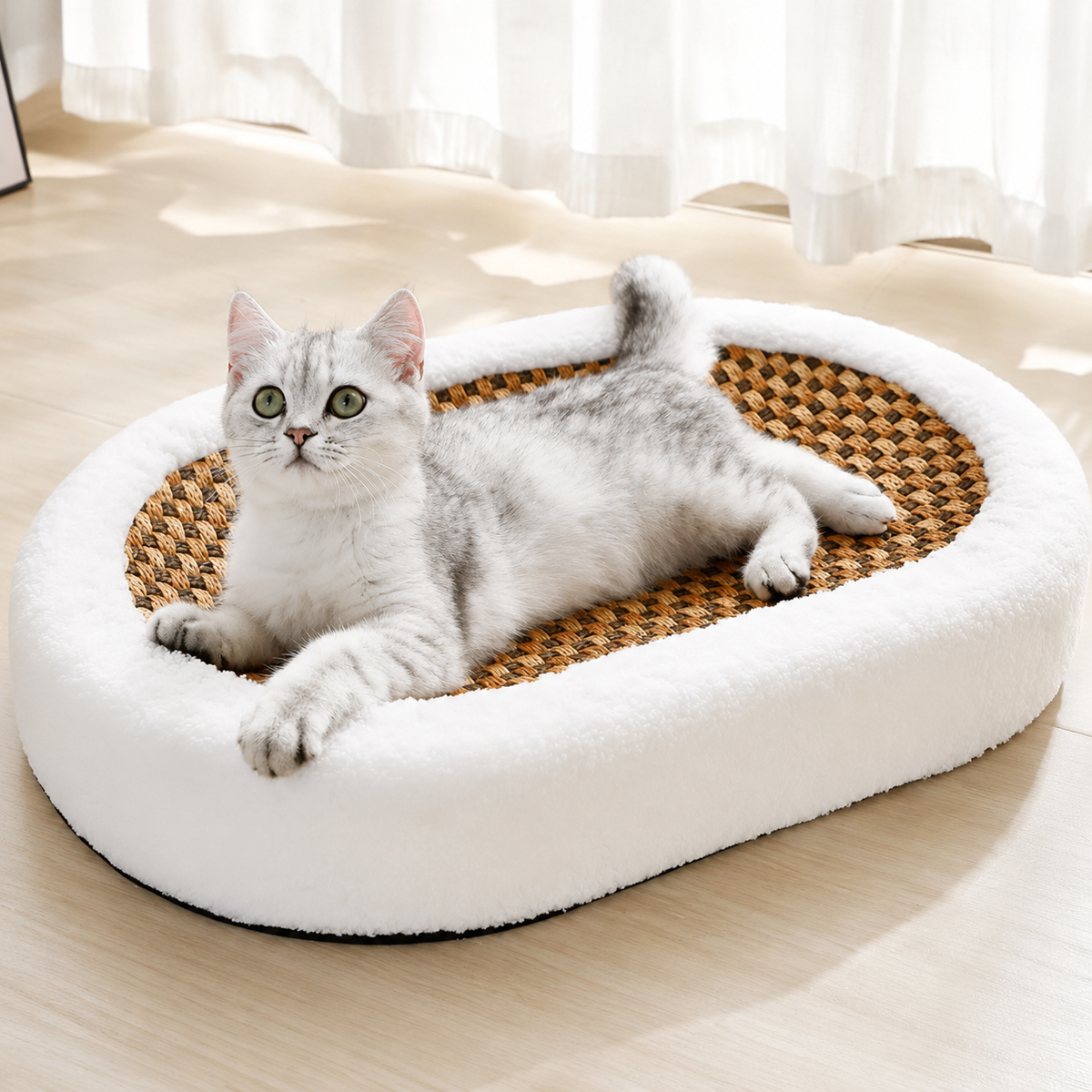 Silver tabby resting in the rattan cat scratcher bed on a wood floor beside sheer curtains.