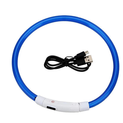 Blue LED dog collar coiled beside its charging cable on a white background.
