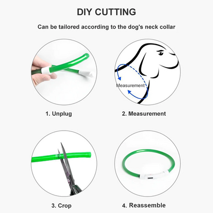 Four steps for sizing the LED dog collar: unplug, measure, crop the tube and reassemble.