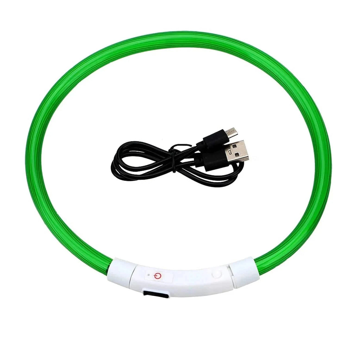 Green LED dog collar coiled beside its charging cable on a white background.