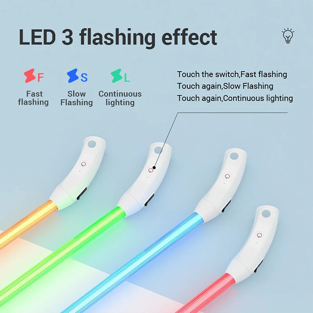 Four glowing LED dog collars showing the fast flashing, slow flashing and continuous lighting modes cycled by the switch.