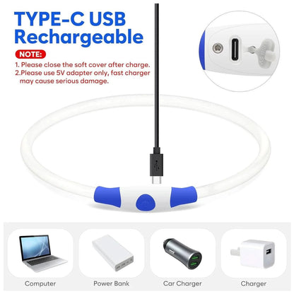 LED dog collar plugged into its charging cable with a note to use a 5 volt adapter and images of a computer, power bank, car charger and wall charger.