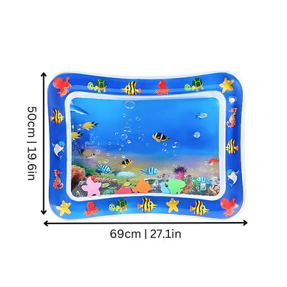 Rectangular cat water play mat with its 69 cm width and 50 cm depth marked.