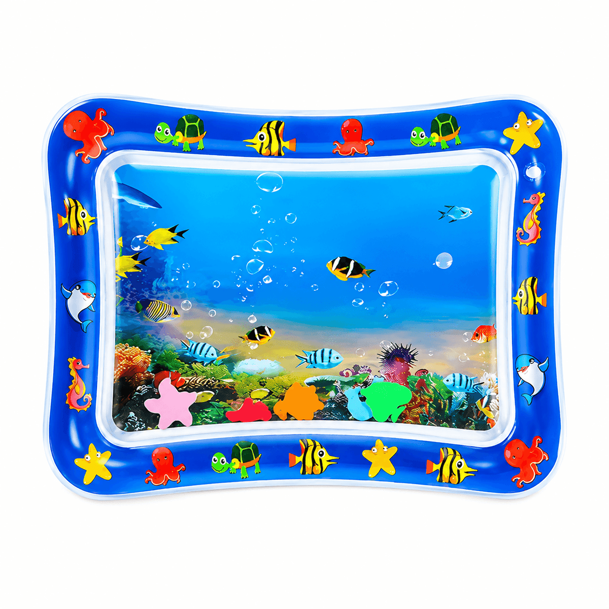 Rectangular cat water play mat with a tropical fish print inside its inflatable blue border.