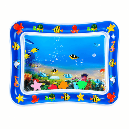 Rectangular cat water play mat with a tropical fish print inside its inflatable blue border.