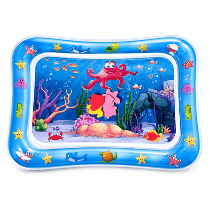 Rectangular cat water play mat with an octopus and sea creature print inside its inflatable blue border.