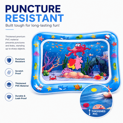 Rectangular cat water play mat with puncture resistant, scratch proof, thickened PVC and leak proof callouts and a close up of the thickened material.