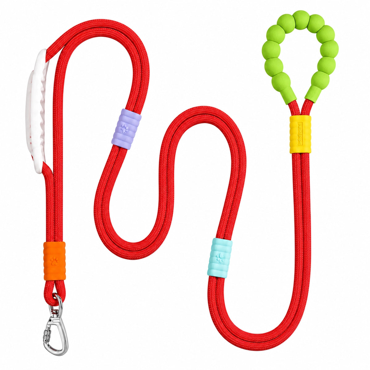 The red Noblias hands free dog leash laid out, showing the silicone beaded loop handle and the metal swivel clip.