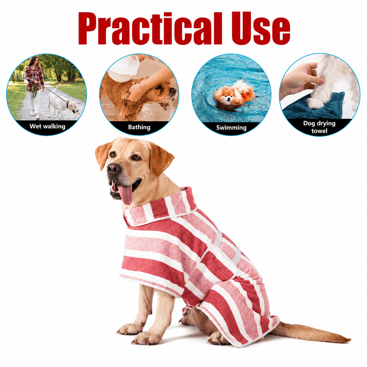 Red Noblias quick-dry dog bathrobe wrapped around a small dog, showcasing absorbent, lightweight pet clothing for drying and comfort.
