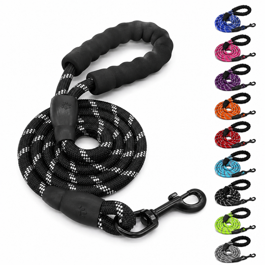 Black Noblias reflective dog leash with its foam padded handle, shown beside the full range of available rope colors