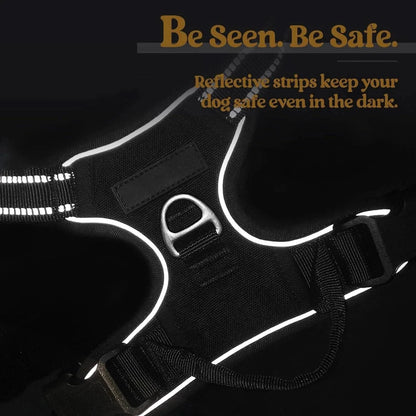 Noblias No Pull dog harness with front clip, adjustable reflective vest, and handle for comfortable, secure walks.