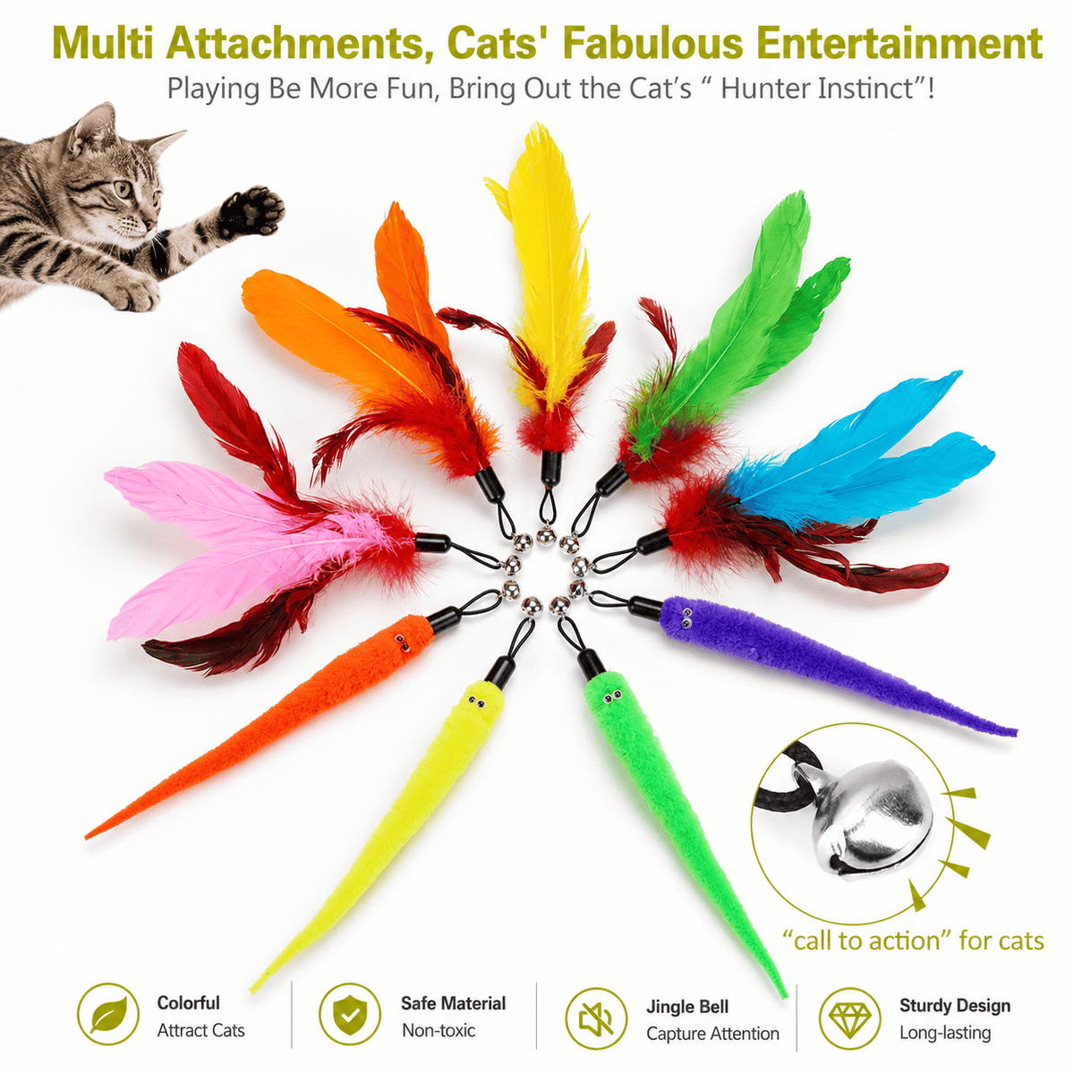 Fan of the nine feather and worm refills for the retractable cat teaser wand, each with a jingle bell.