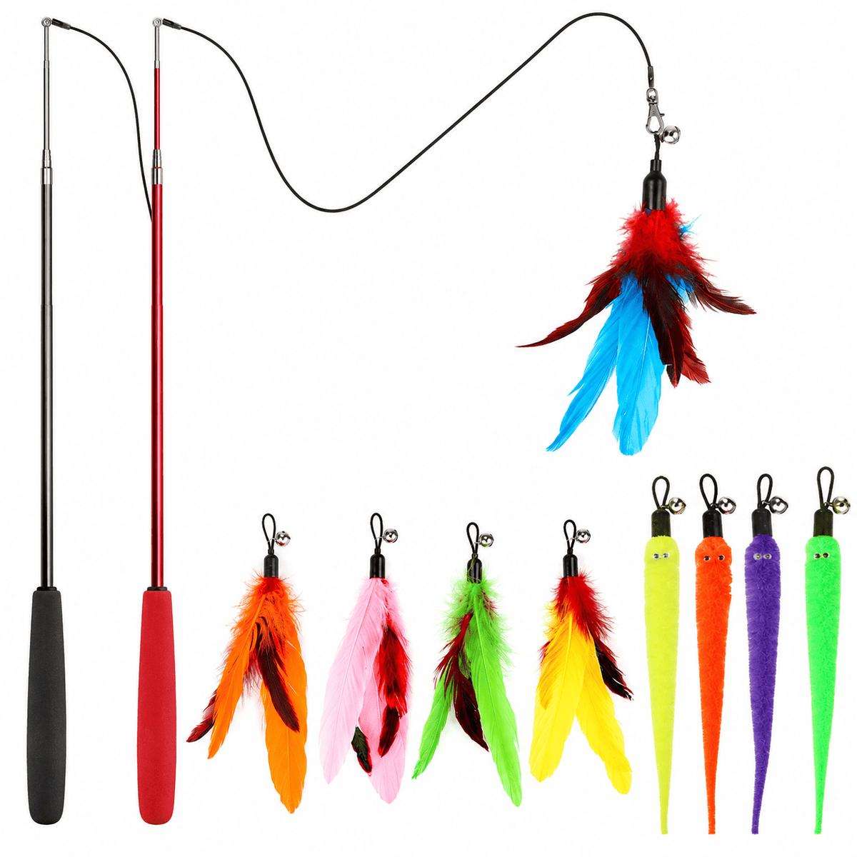 Two retractable cat teaser wands in black and red laid out with five feather refills and four worm refills.