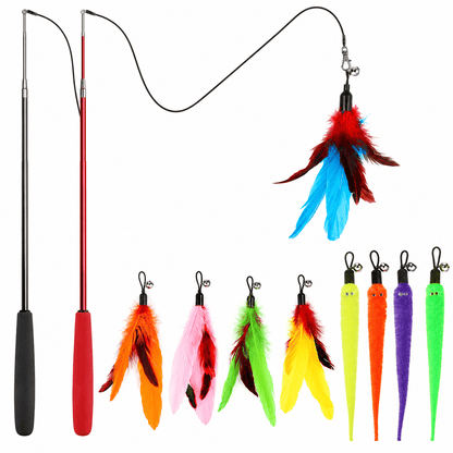 Two retractable cat teaser wands in black and red laid out with five feather refills and four worm refills.
