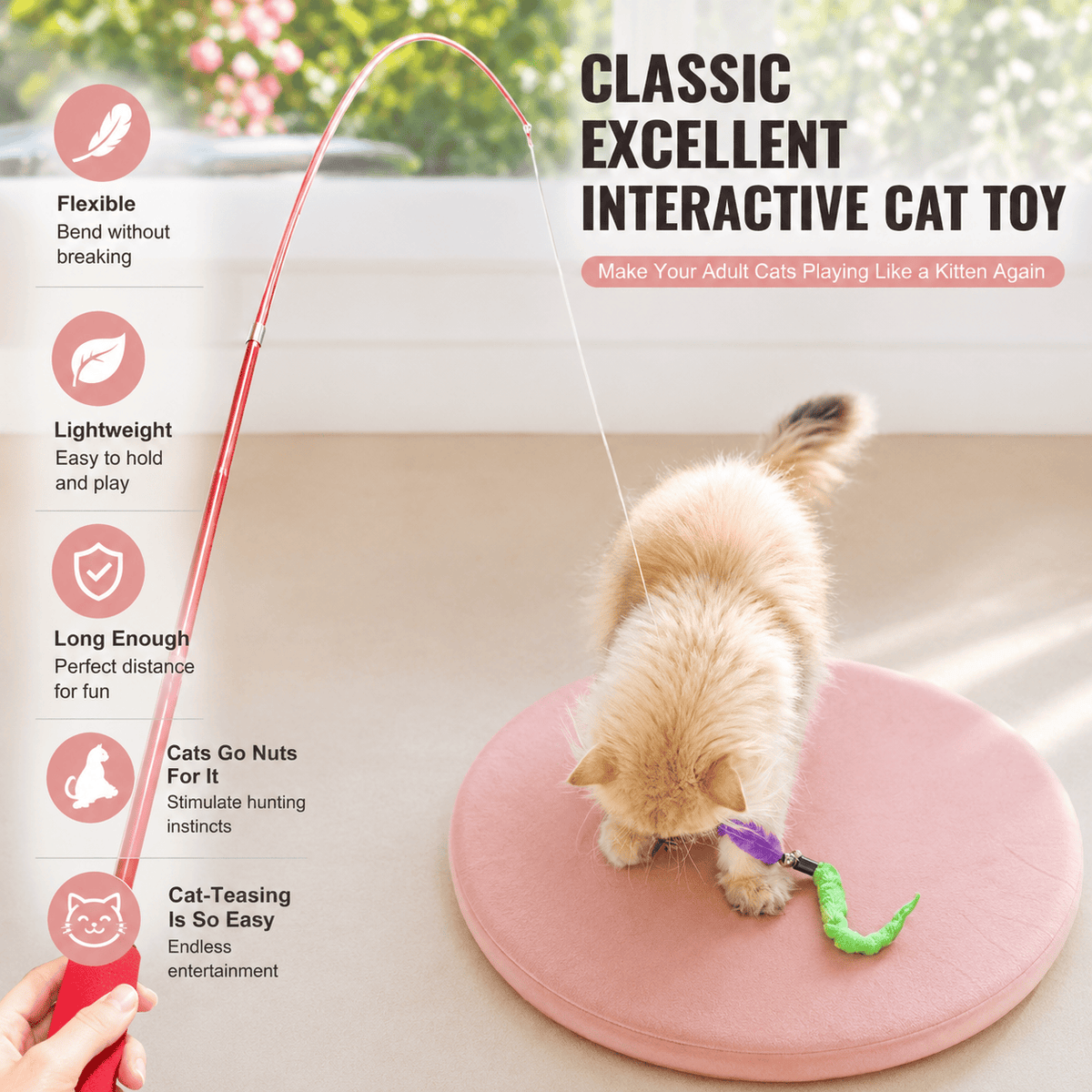 Kitten on a pink mat pouncing on the worm lure of the red retractable cat teaser wand, with flexible and lightweight icons.