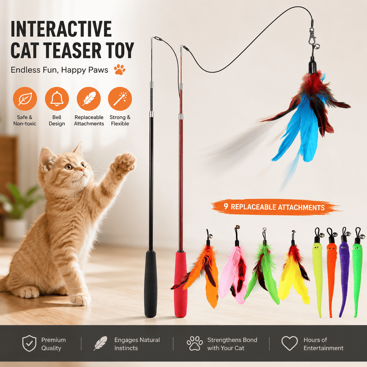 Kitten reaching for the red retractable cat teaser wand beside the nine replaceable feather and worm attachments.