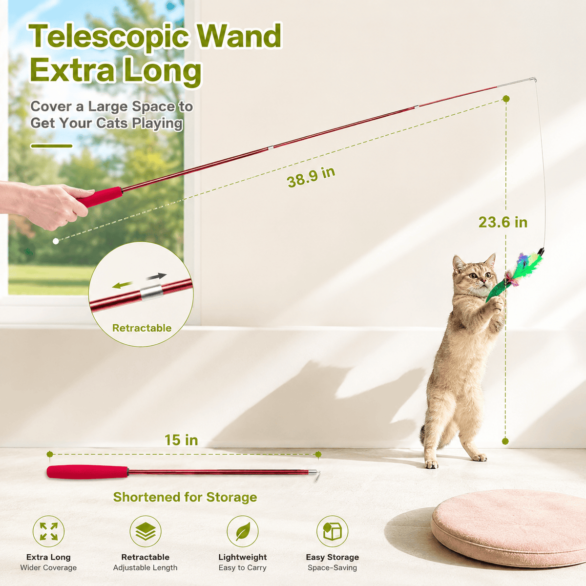 Retractable cat teaser wand extended to 38.9 inches with a 23.6 inch string, shown collapsed to 15 inches for storage.