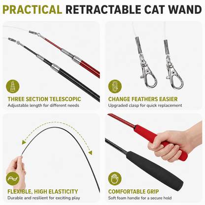 Close-ups of the retractable cat teaser wand: three-section telescopic rod, upgraded clasp, flexible tip and foam grip.