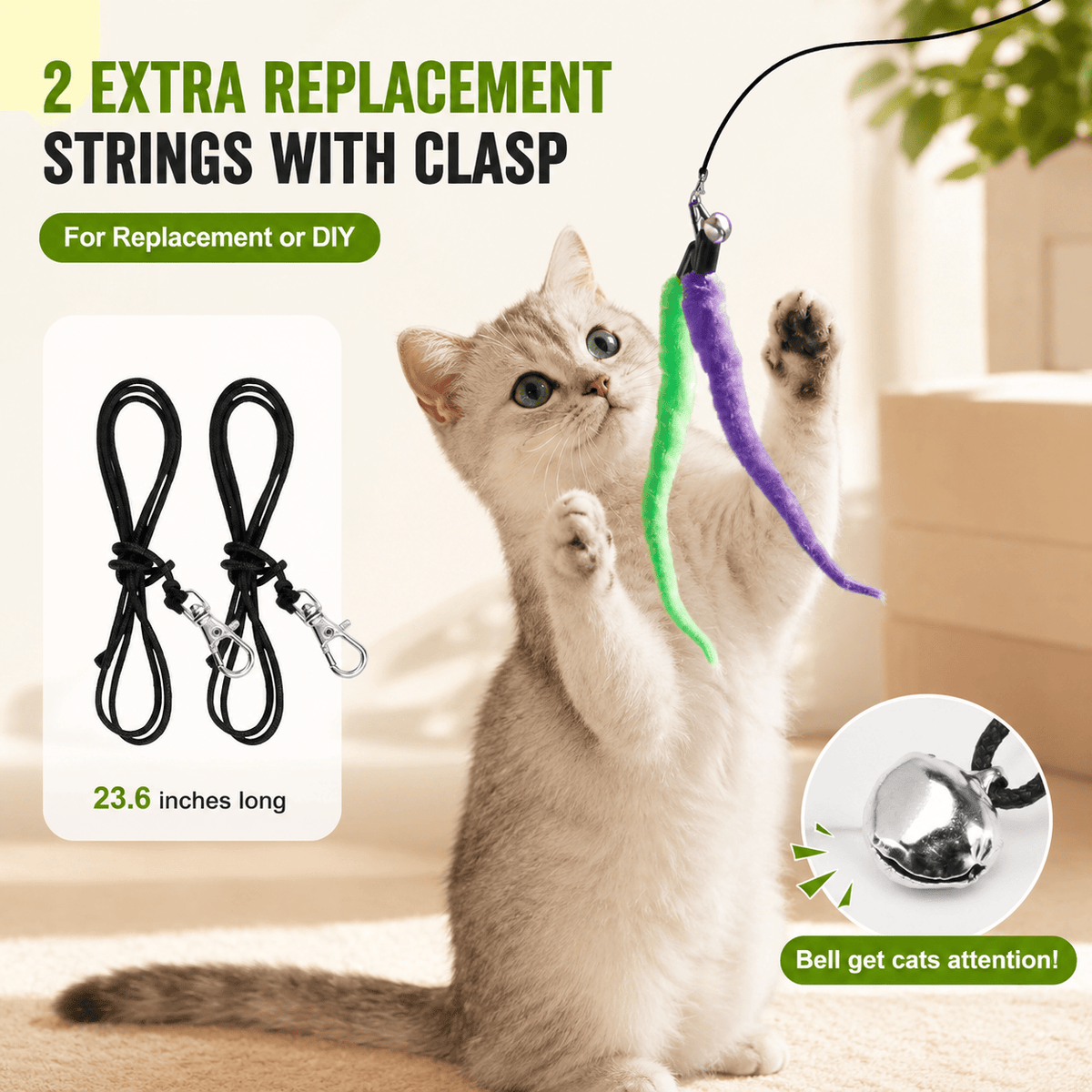 Two replacement strings with clasps, 23.6 inches long, beside a kitten batting the worm lure of the cat teaser wand.