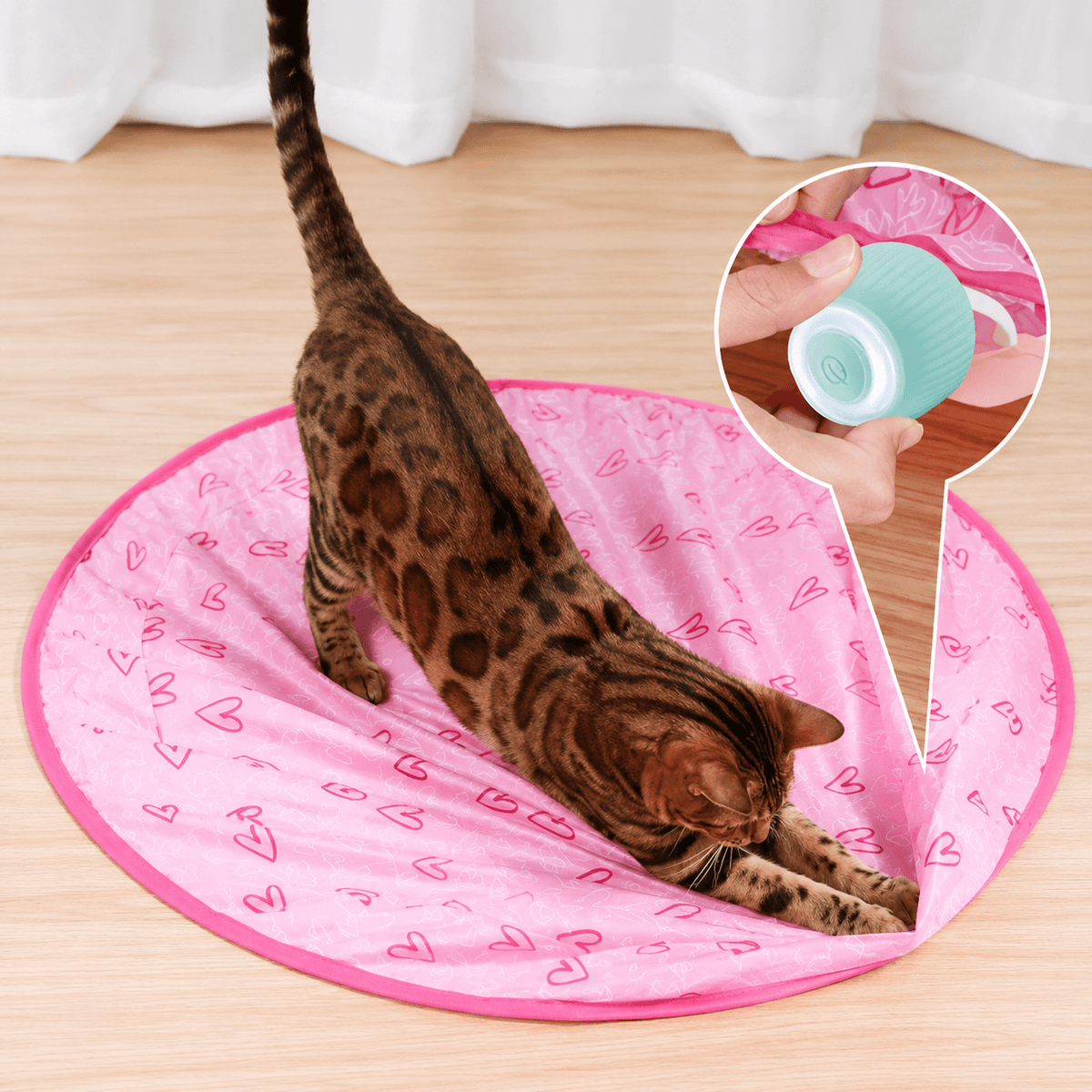Bengal cat pouncing on the pink play mat with an inset of the rolling ball held in a hand.