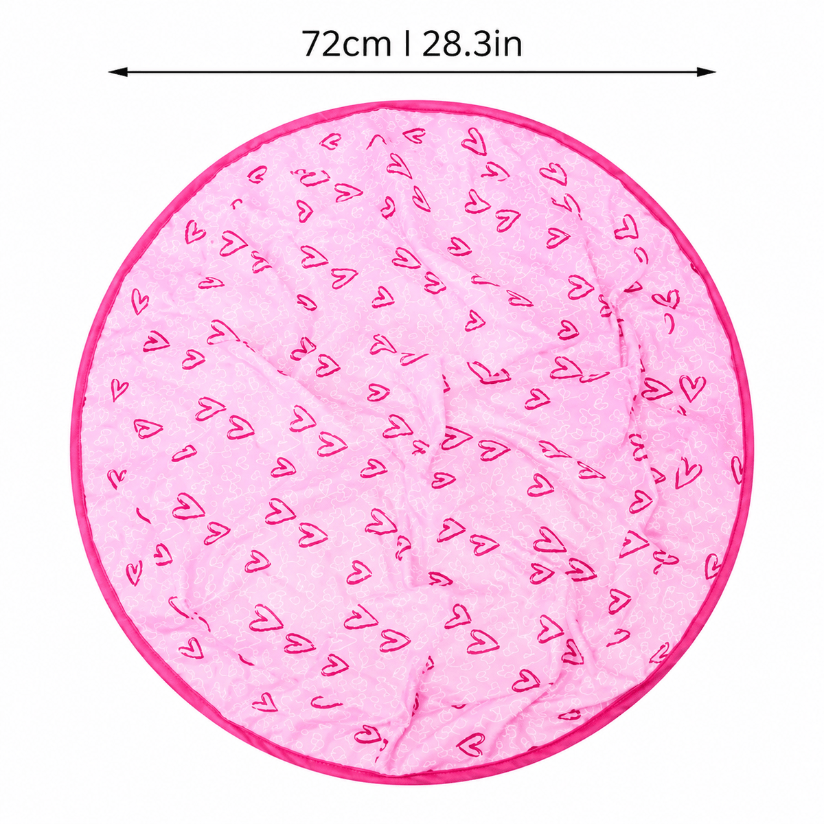 Round pink heart print crinkle play mat with its 72 cm diameter marked.