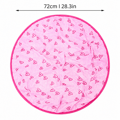 Round pink heart print crinkle play mat with its 72 cm diameter marked.