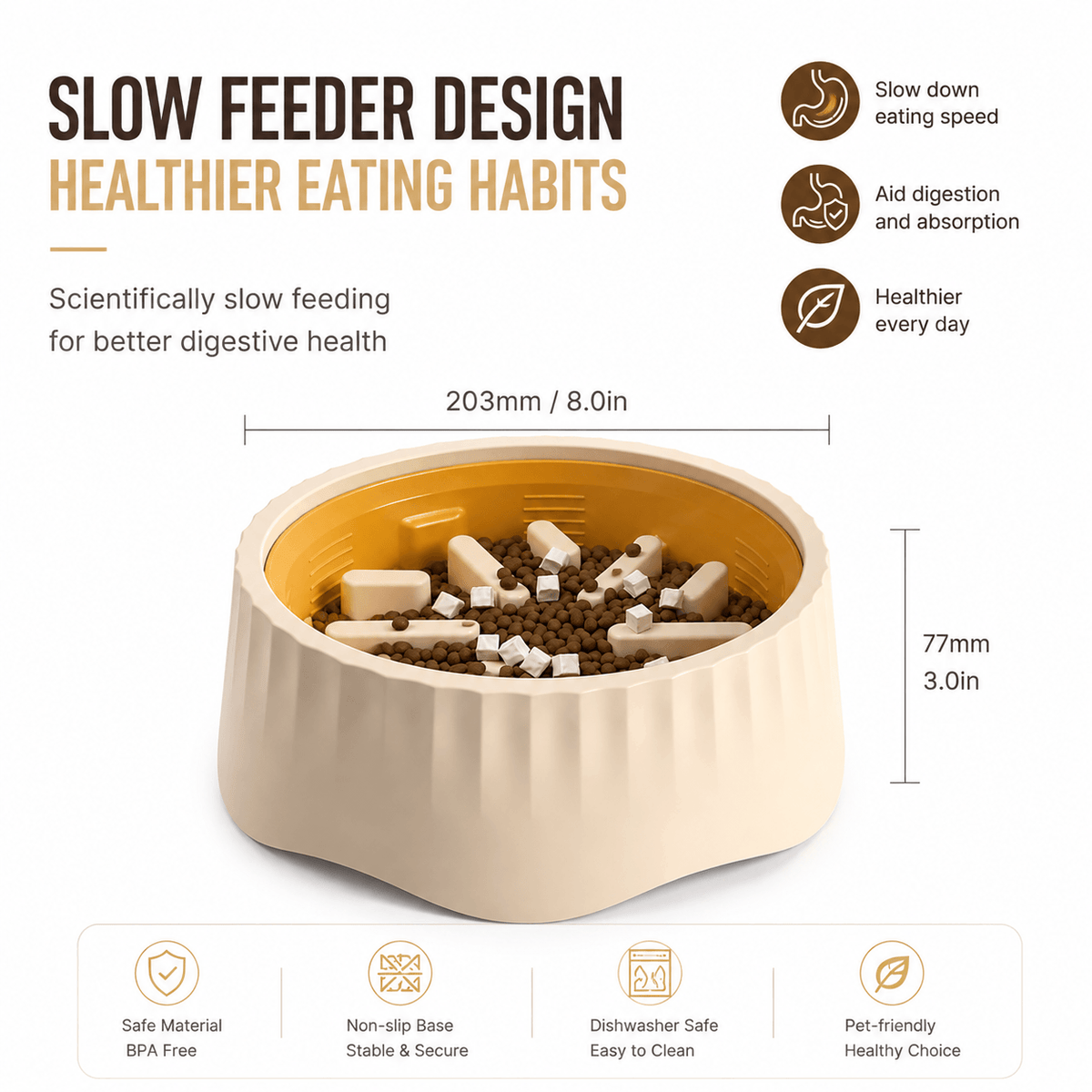 Rotatable slow feeder bowl filled with kibble, marked 203 mm wide and 77 mm tall, with BPA free, non slip base and dishwasher safe badges.