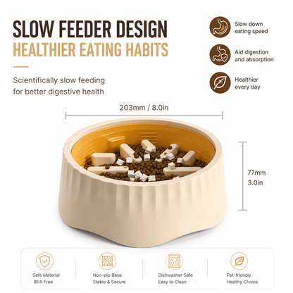 Rotatable slow feeder bowl filled with kibble, marked 203 mm wide and 77 mm tall, with BPA free, non slip base and dishwasher safe badges.