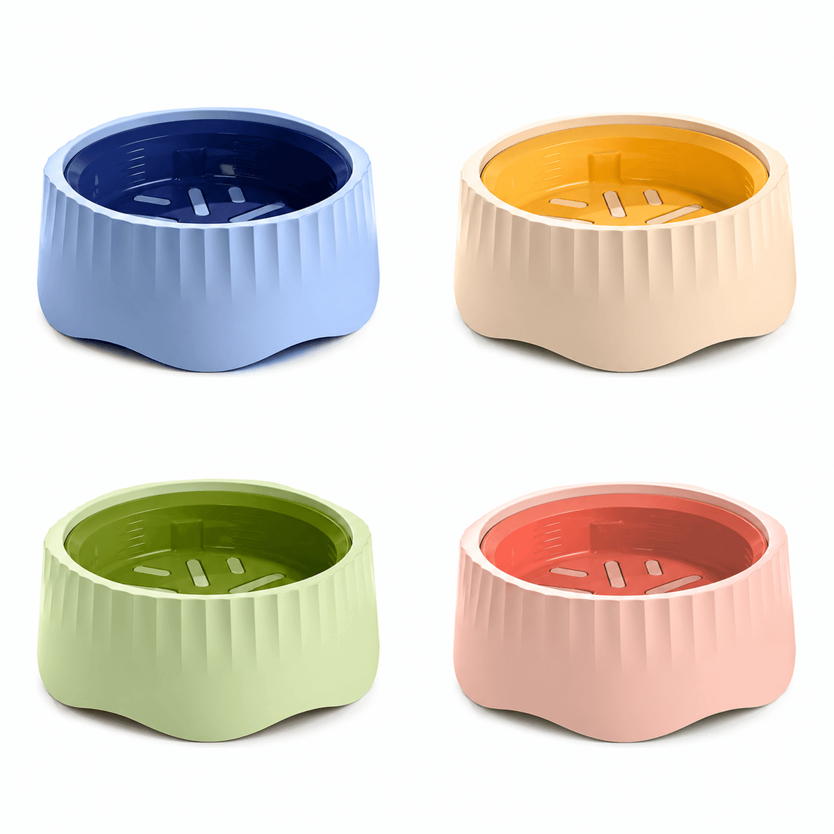 Rotatable slow feeder bowls in blue, yellow, green and pink inserts on cream bodies.
