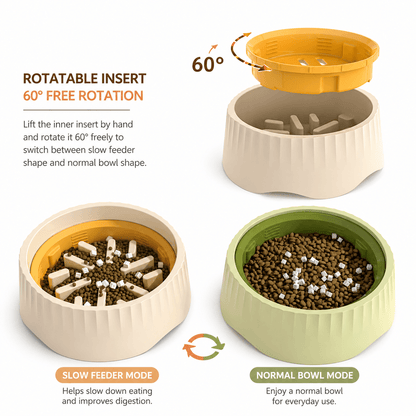 Rotatable slow feeder bowl with its inner insert lifted and a sixty degree rotation arrow, showing slow feeder mode beside normal bowl mode.