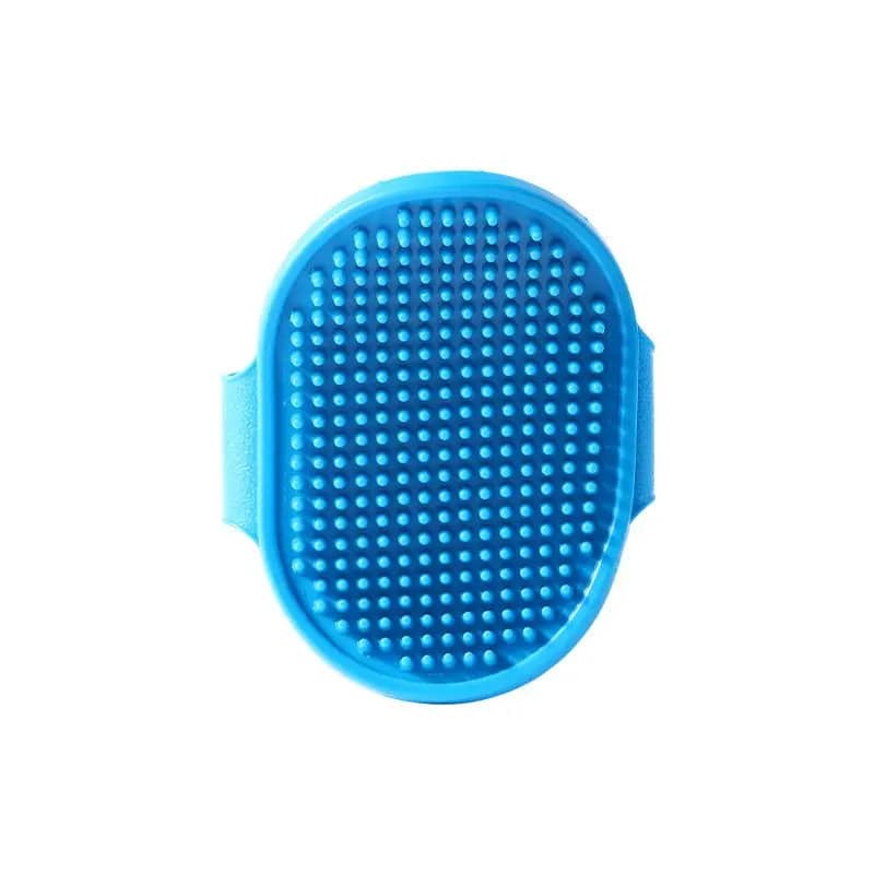 Blue oval rubber pet bath brush with its molded hand strap, shown face on against a white background.