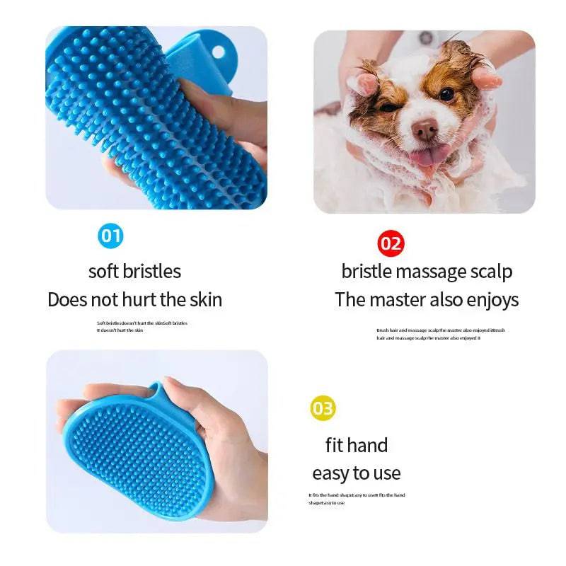 Three panels showing the soft bristles that do not hurt the skin, a dog being lathered with the brush, and the brush sitting in a palm.