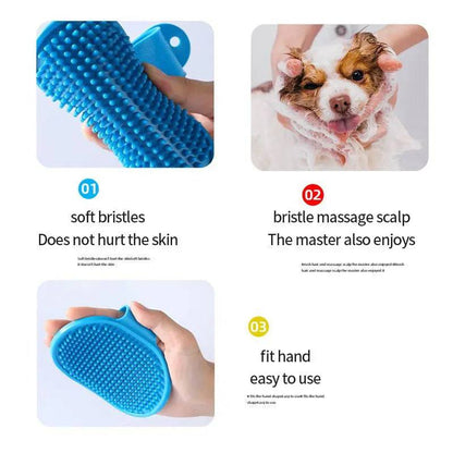 Three panels showing the soft bristles that do not hurt the skin, a dog being lathered with the brush, and the brush sitting in a palm.
