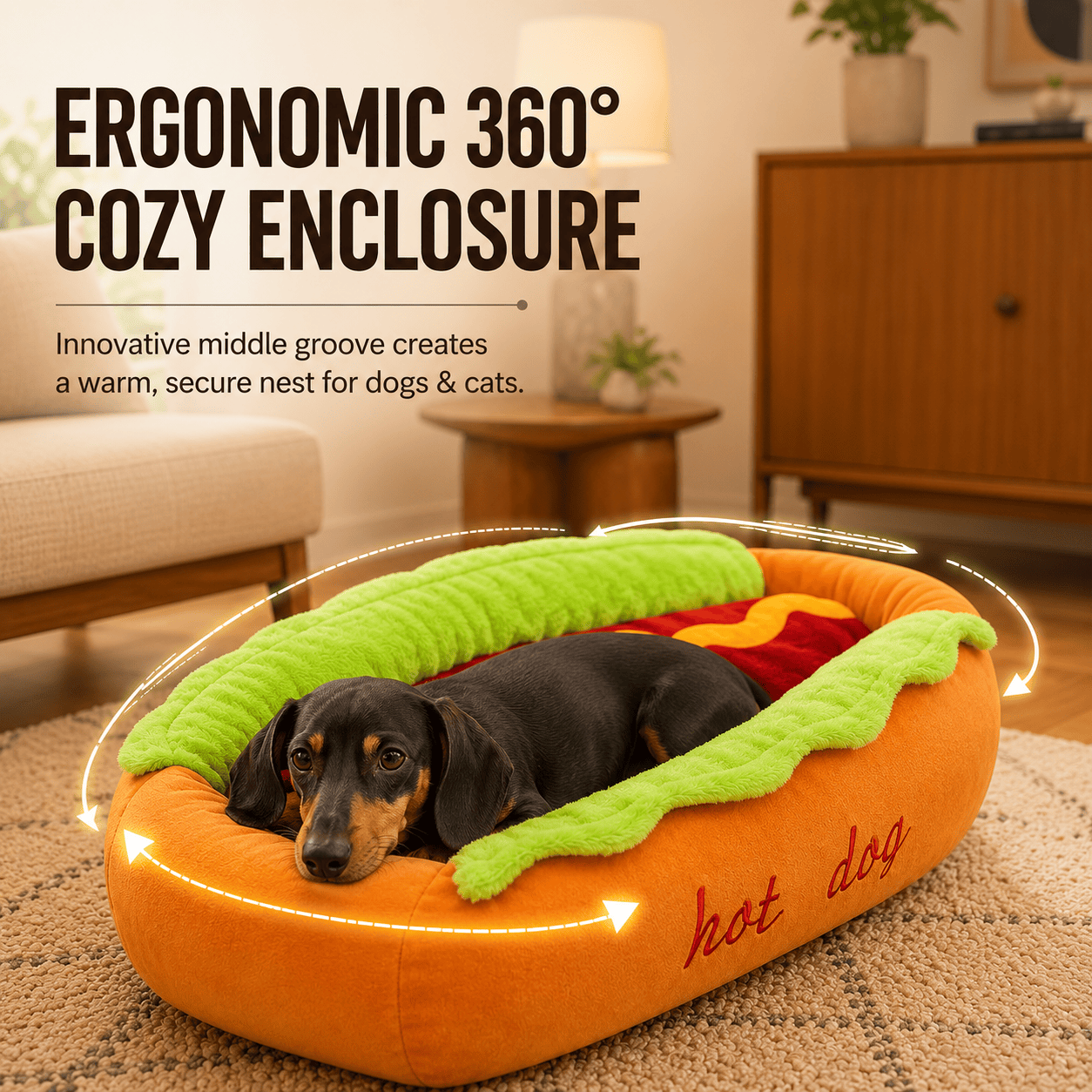 Noblias hot dog shaped pet bed for cats and small dogs, soft plush, cozy, and warm food-shaped dog and cat bed.