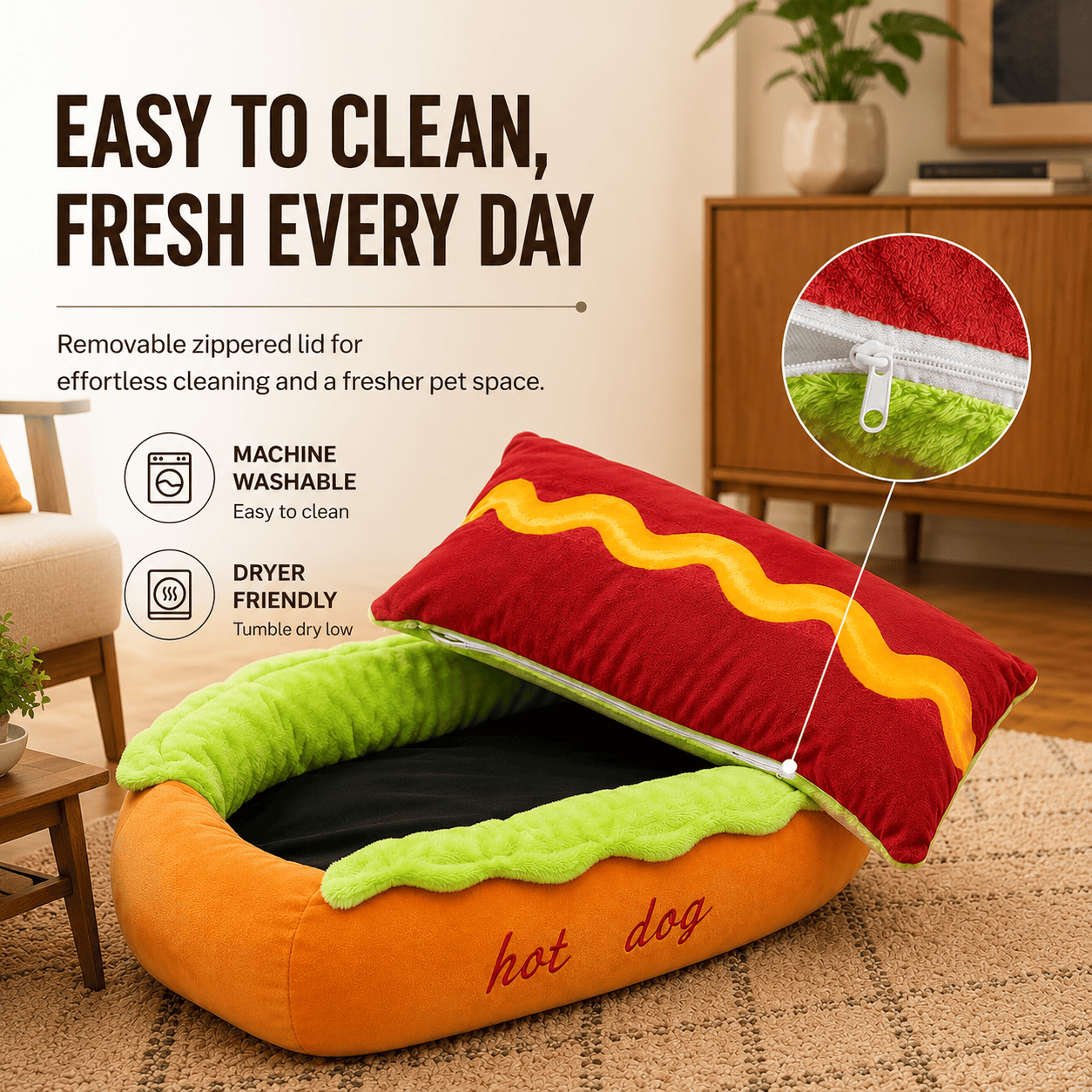 Noblias hot dog-shaped plush pet bed for cats and small dogs, soft, cozy, and warm, with realistic hot dog appearance.