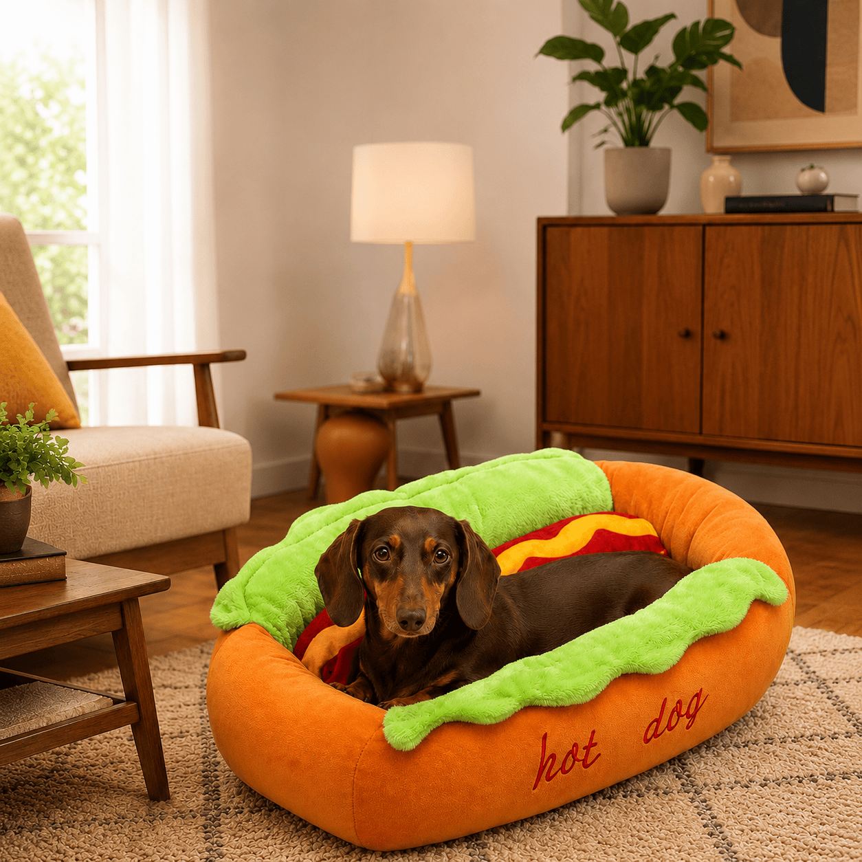 Hot dog shaped Noblias pet bed for cats and small dogs, soft plush cozy bed with a cute and warm design.
