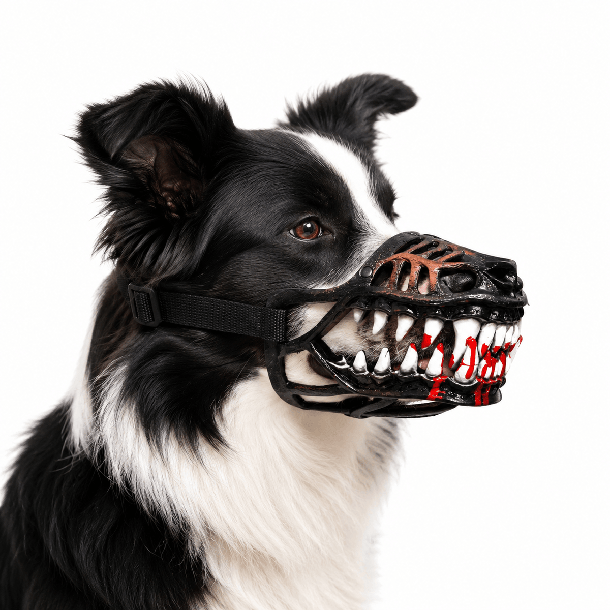 Border collie wearing the bloody teeth version of the scary dog muzzle with red detailing on the fangs.