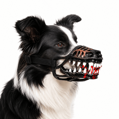 Border collie wearing the bloody teeth version of the scary dog muzzle with red detailing on the fangs.