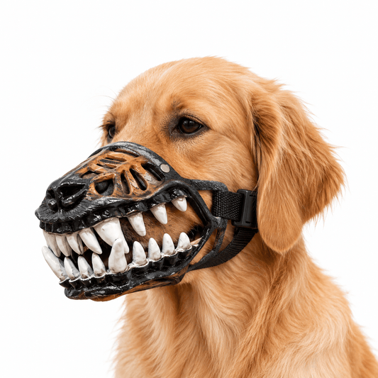 Golden retriever wearing the Noblias scary teeth dog muzzle, a Halloween costume accessory with sculpted monster fangs.