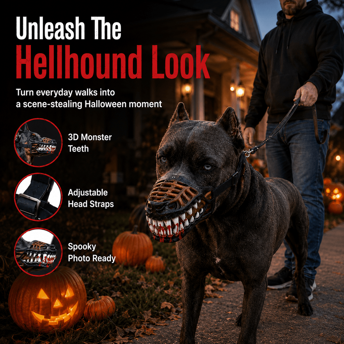 Cane corso wearing the scary dog muzzle on a Halloween night walk past lit pumpkins.