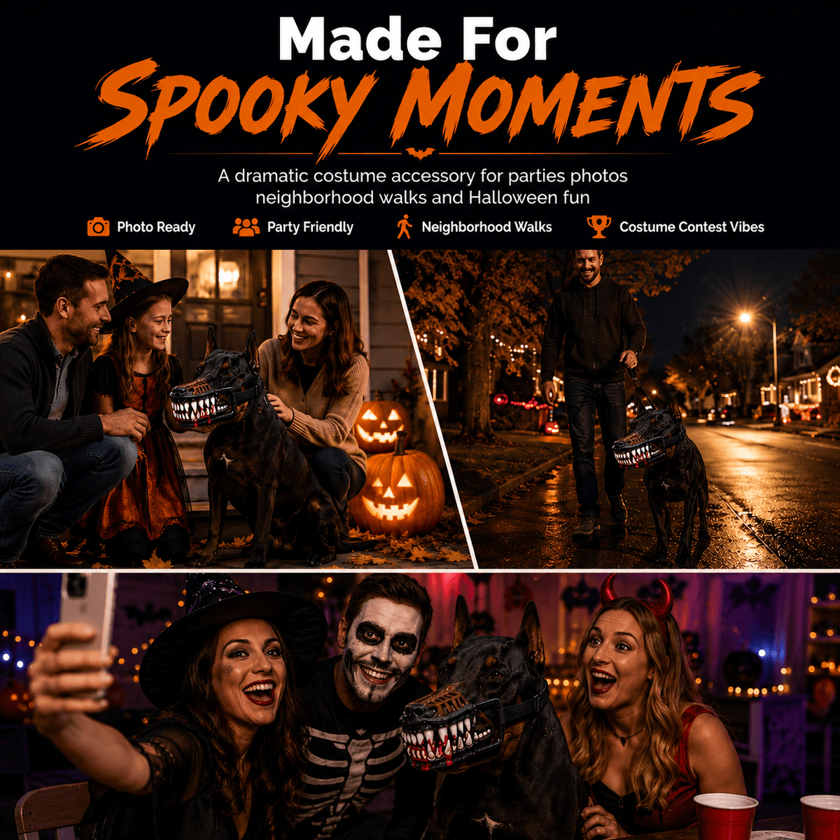 The scary dog muzzle shown at Halloween parties, neighborhood walks and costume photo sessions.