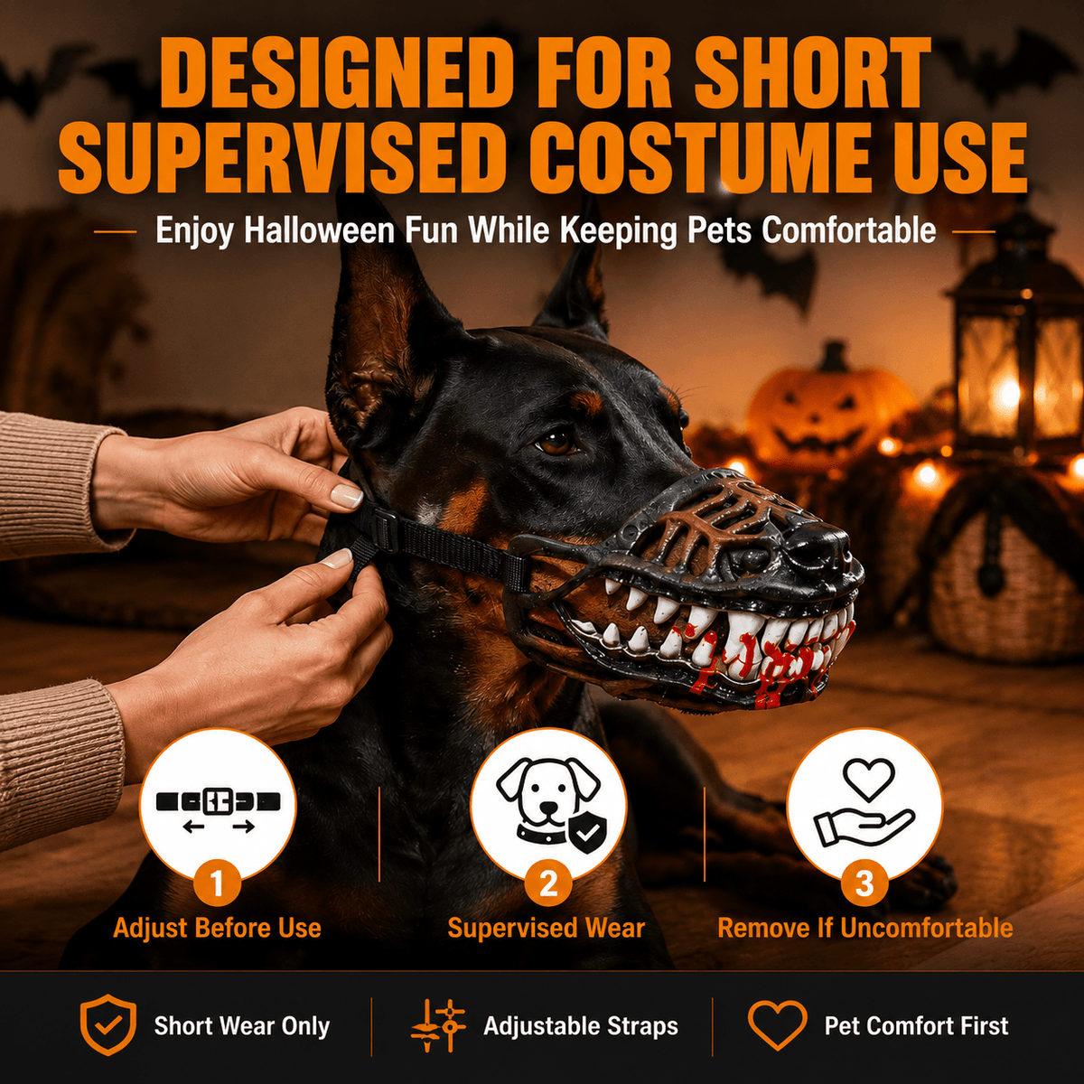 Guidance panel for the scary dog muzzle: adjust before use, supervise wear and remove it if the dog is uncomfortable.
