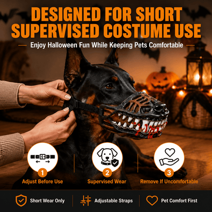 Guidance panel for the scary dog muzzle: adjust before use, supervise wear and remove it if the dog is uncomfortable.