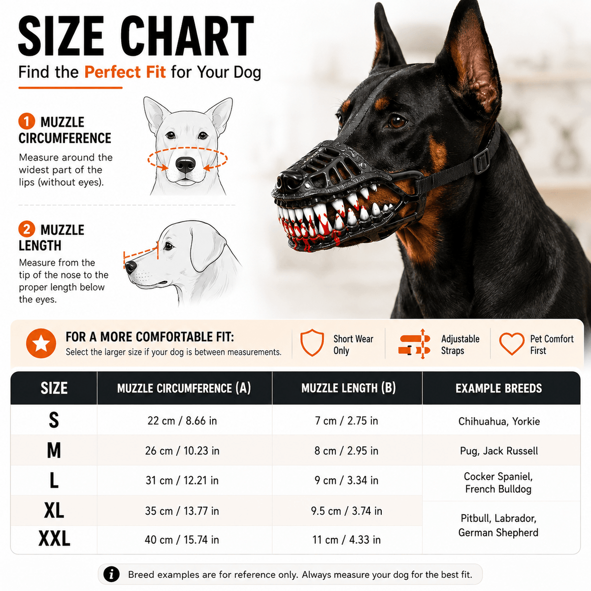 Size chart for the scary dog muzzle giving muzzle circumference and length for sizes S through XXL with example breeds.