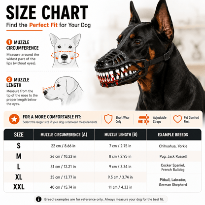 Size chart for the scary dog muzzle giving muzzle circumference and length for sizes S through XXL with example breeds.