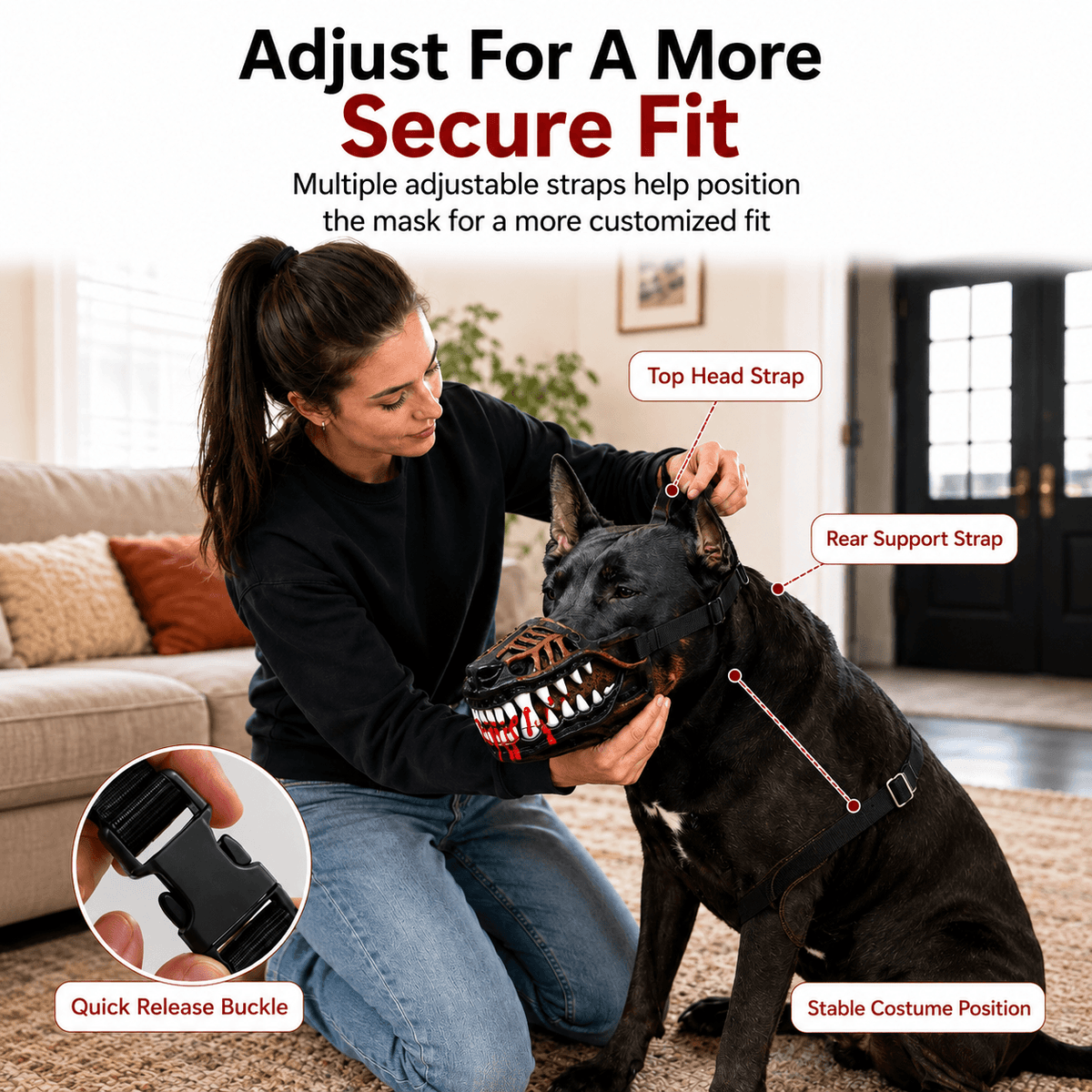Owner adjusting the scary dog muzzle on a cane corso, with the top head strap, rear support strap and quick release buckle labeled.