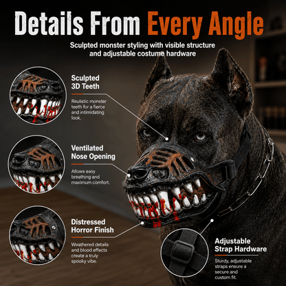 Close ups of the scary dog muzzle showing the sculpted teeth, the ventilated nose opening, the distressed finish and the strap hardware.